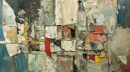 Leinwandbilder - A textured abstract painting featuring a mosaic of geometric shapes and blocks in various colors, creating a contemporary and artistic design