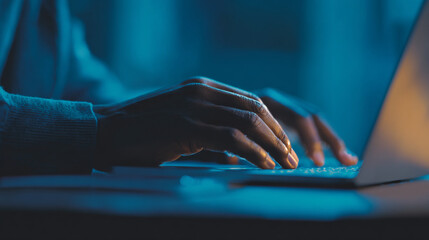 Poster - Close up of hands typing on a laptop keyboard in a dimly lit environment with a cool blue background
