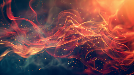 Poster - Abstract flowing lines of red and orange light create a dynamic and ethereal background with glowing particles and a sense of movement and energy