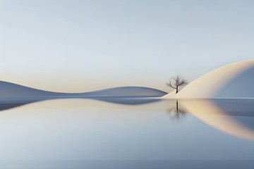 Poster - Minimal Surreal Landscape with Lone Tree and Dune Reflections in Calm Water

