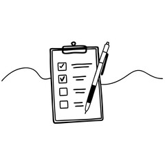 Poster - A checklist on a clipboard with checkmarks and a pen sitting on top of it in black and white line art
