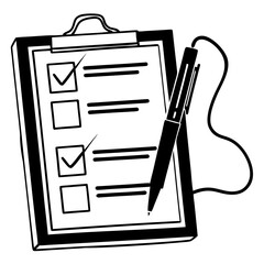 Poster - A clipboard with checkmarks and empty boxes next to lines with a pen attached by a cord nearby