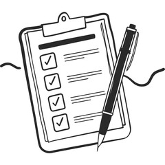 Poster - A clipboard with checkmarks and lines next to a pen in a black and white illustration style image