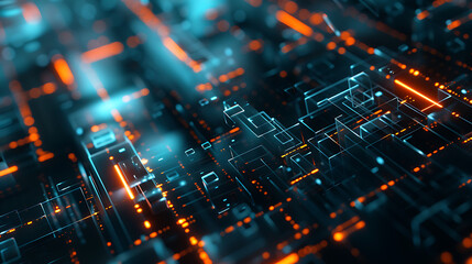Poster - Abstract technology background with glowing lines and geometric shapes creating a futuristic digital network design with blue and orange lights