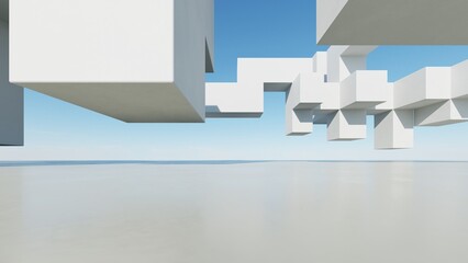 Fototapete - 3d illustration of abstract modern architecture background, Minimal geometry architectural design, Car presentation backdrop with empty concrete floor, Geometric white blocks building design