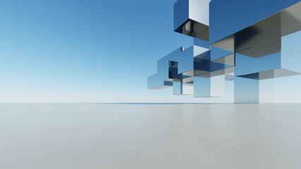 Poster - 3d illustration of abstract modern architecture background, Minimal geometry architectural design, Car presentation backdrop with empty concrete floor, Geometric metal building design