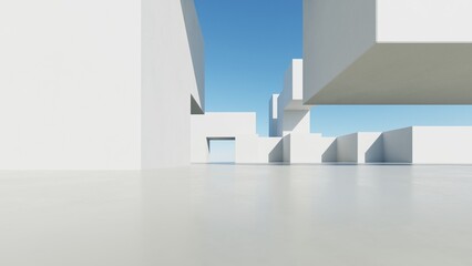 Fototapete - 3d illustration of abstract modern architecture background, Minimal geometry architectural design, Car presentation backdrop with empty concrete floor, Geometric white blocks building design