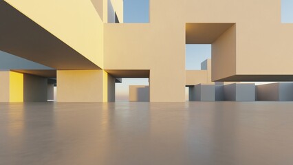 Fototapete - 3d illustration of abstract modern architecture background, Minimal geometry architectural design, Car presentation backdrop with empty concrete floor, Geometric white blocks building design