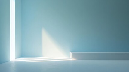 Poster - A serene minimalist room featuring a gentle blue wall, soft shadows, and a bright light source creating a peaceful atmosphere ideal for relaxation or design inspiration.