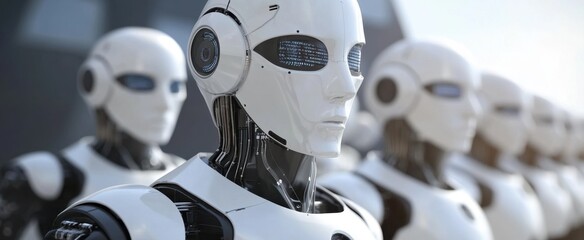 Poster - This image showcases a group of futuristic robots featuring sleek designs and advanced technological attributes, symbolizing the evolution of automation.