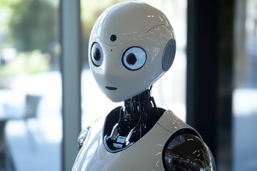 Poster - A friendly humanoid robot with expressive eyes and modern design displayed in an innovative environment, symbolizing advancements in robotics and artificial intelligence.