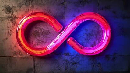 Poster - Neon infinity sign glowing brightly against textured wall background in vibrant colors, Neon infinity sign 3D render seamless