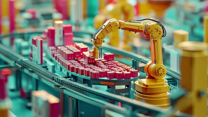 Poster - Robotic arm efficiently assembling products on a busy conveyor belt in a modern industrial setting, Robotic arm assembling products on a conveyor belt