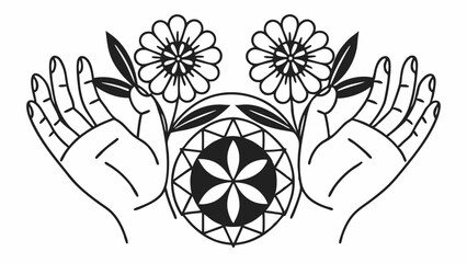 Poster - Illustration of hands holding flowers with a geometric flower in the center design element created with generated ai