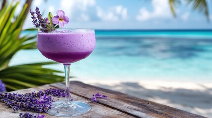 Poster - Delicate purple cocktail with lavender and floral notes served on a tropical beachside setup