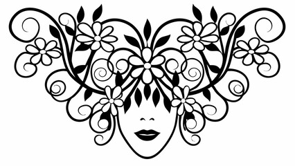 Poster - Floral face design with decorative swirls and leaves in black and white illustration art style created with generated ai