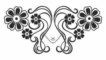 Poster - Elegant art nouveau style floral design with stylized woman face and flowing hair details in black and white created with generated ai