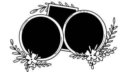 Aufkleber - Two circles and a square frame decorated with floral elements in a black and white line art style created with generated ai