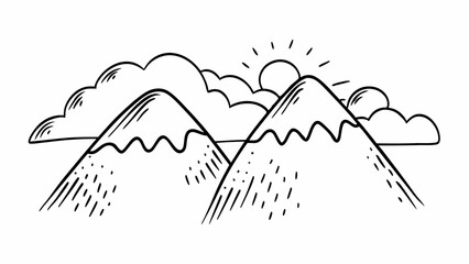 Poster - illustration of two mountains with snow peaks clouds and a sun in a black and white drawing created 