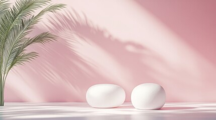 Poster - A serene composition featuring white stones and a palm leaf shadow against a soft pink wall. This minimalist setting evokes tranquility and modern elegance.