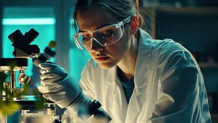 Poster - Young scientist conducts research in biological lab during evening hours, Young scientist works in biological lab