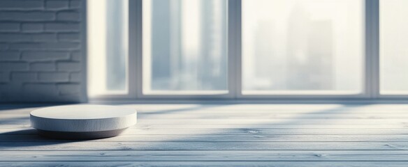 Poster - A clean and serene minimalist interior showcases a sleek platform under soft natural light, highlighting the beauty of simplicity in design.