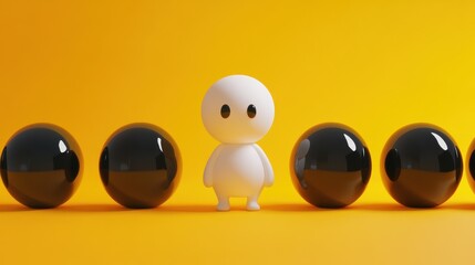 Poster - A charming white character stands against a vibrant yellow background, surrounded by glossy black balls, evoking a sense of playfulness and creativity.