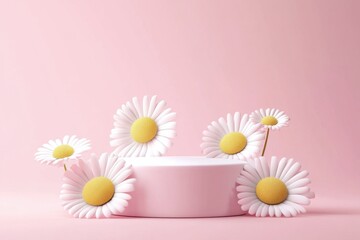 Poster - A serene pink backdrop enhances a round display stand surrounded by cheerful white daisies, creating a fresh and artistic composition perfect for showcasing beauty products or decorations.