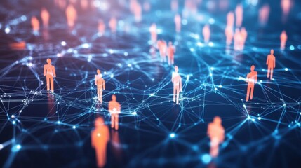 Poster - This abstract image showcases a network of interconnected people represented as glowing figures amidst a web of lines and nodes, symbolizing digital interaction and social connectivity.