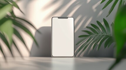 Poster - A minimalist smartphone stands on a surface, surrounded by lush greenery, casting soft shadows. Ideal for technology, lifestyle, or nature themes.