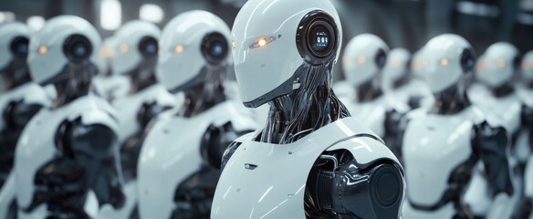 Poster - A striking image of a lineup of futuristic robots showcases advanced design, sleek lines, and glowing eyes, embodying the future of technology and automation.
