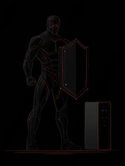Aufkleber - Cyber Guardian Avatar Stands Strong With Shield Beside a Device in a Dark Environment Signifying Protection in a Digital Age
