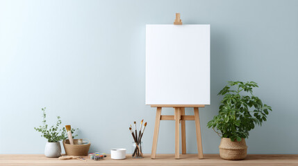 Poster - Frame for photo mockup with blank canvas on wooden easel surrounded by green plant and art supplies in cozy room interior, perfect for creative inspiration and calm atmosphere