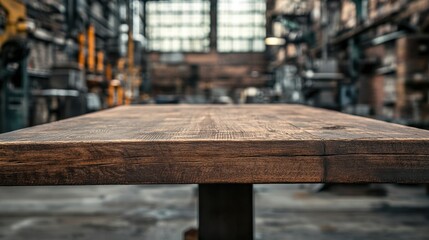 Poster - A beautifully crafted rustic wooden table showcases its rich texture and natural grains in an industrial workshop setting, highlighting the ambiance of craftsmanship.