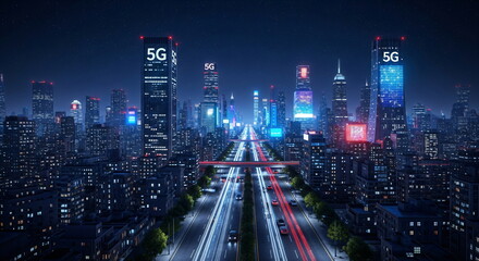Poster - Night cityscape with glowing 5G symbols on skyscrapers and autonomous vehicles on illuminated road. Technology and smart city concept.