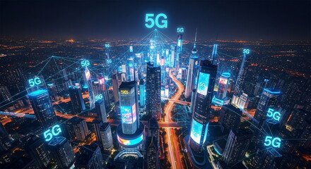 Poster - Night cityscape with glowing 5G symbols on skyscrapers and autonomous vehicles on illuminated road. Technology and smart city concept.