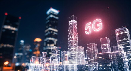 Poster - Night cityscape with glowing 5G symbols on skyscrapers and autonomous vehicles on illuminated road. Technology and smart city concept.