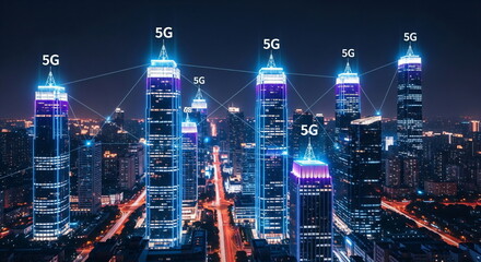 Poster - Night cityscape with glowing 5G symbols on skyscrapers and autonomous vehicles on illuminated road. Technology and smart city concept.