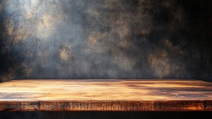 Poster - A rustic wooden table displays its rich grain against a dark textured wall. This empty space offers a warm and inviting ambiance for creative projects or decor displays.