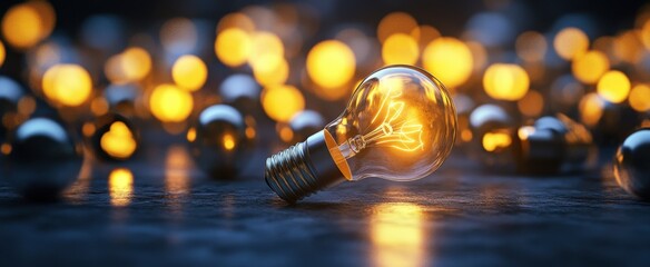 Poster - A beautifully lit light bulb rests on a textured surface, surrounded by a soft bokeh effect. The warm glow enhances a sense of creativity and inspiration.