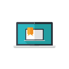 Fototapete - Laptop with Bookmark Icon: Flat Design, Digital Reading, Online Learning, Modern Technology,  E-learning Concept Illustration