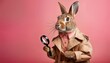 © netsay - Curious Rabbit on Vibrant Pink Backdrop Stylish Trench Coat Wearing, Magnifying Glass in Paws, Exploring with an Inquisitive Glance Amidst a Pop of Color and Whimsy.