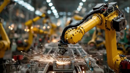 Aufkleber - Robotic Precision in Manufacturing: Automated arms work seamlessly in a factory setting, with sparks flying, symbolizing efficiency and innovation in an industrial environment. 