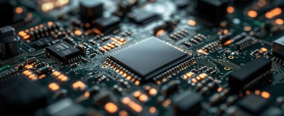 Poster - Detailed close-up of a circuit board featuring a microchip and illuminated components. This image highlights the intricate design and technology in modern electronics.