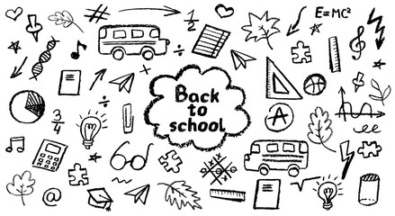Poster - Charcoal school doodles on blackboard background. Fun hand-drawn icons for back to school themes. Cute childish education black pastel or wax pencil signs. Grunge vector illustration classroom symbols