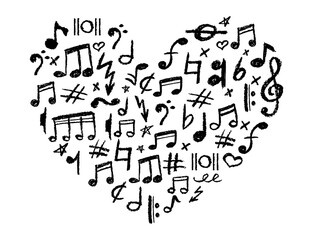 Poster - Heart shape filled with musical icons set. Charcoal stamp texture, cute underline symbols for kindergarten or school. Black music note, lightning and love signs collection. Vector card illustration