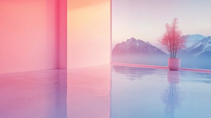 Poster - A tranquil interior space featuring a stunning mountain view and soft pastel colors. The serene atmosphere invites relaxation and reflection, creating a perfect zen environment.