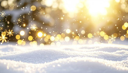 Poster - serene snowy landscape with golden lights and sparkling snowflakes creates magical atmosphere