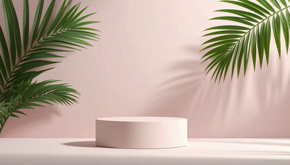 Poster - soft pink backdrop with green palm leaves creates serene display for product presentation