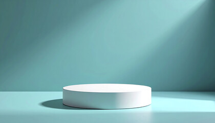 Poster - minimalistic white platform on bright azure backdrop, casting soft shadows from side light